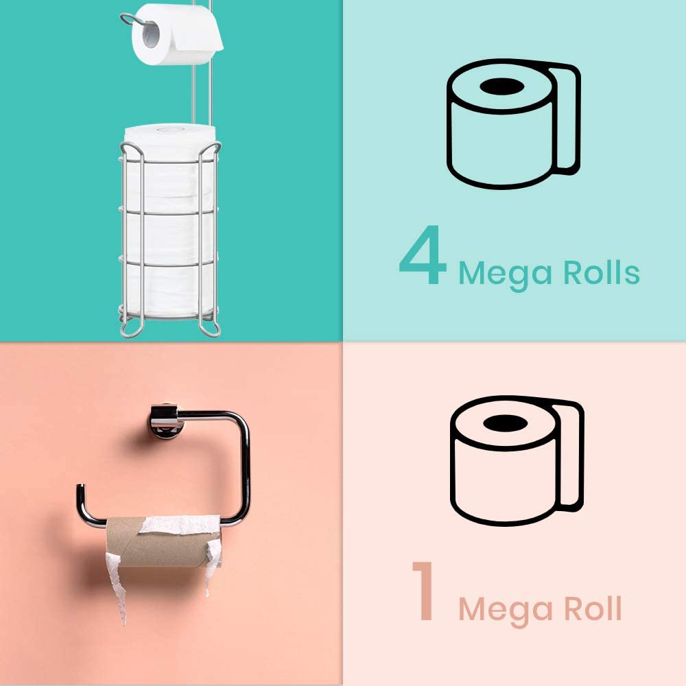 Toilet Paper Holder Stand Bathroom Tissue Dispenser Holders Rack Free Standing with Extra Shelf Storage Mega Rolls/Phone/Wipe - Light Gray