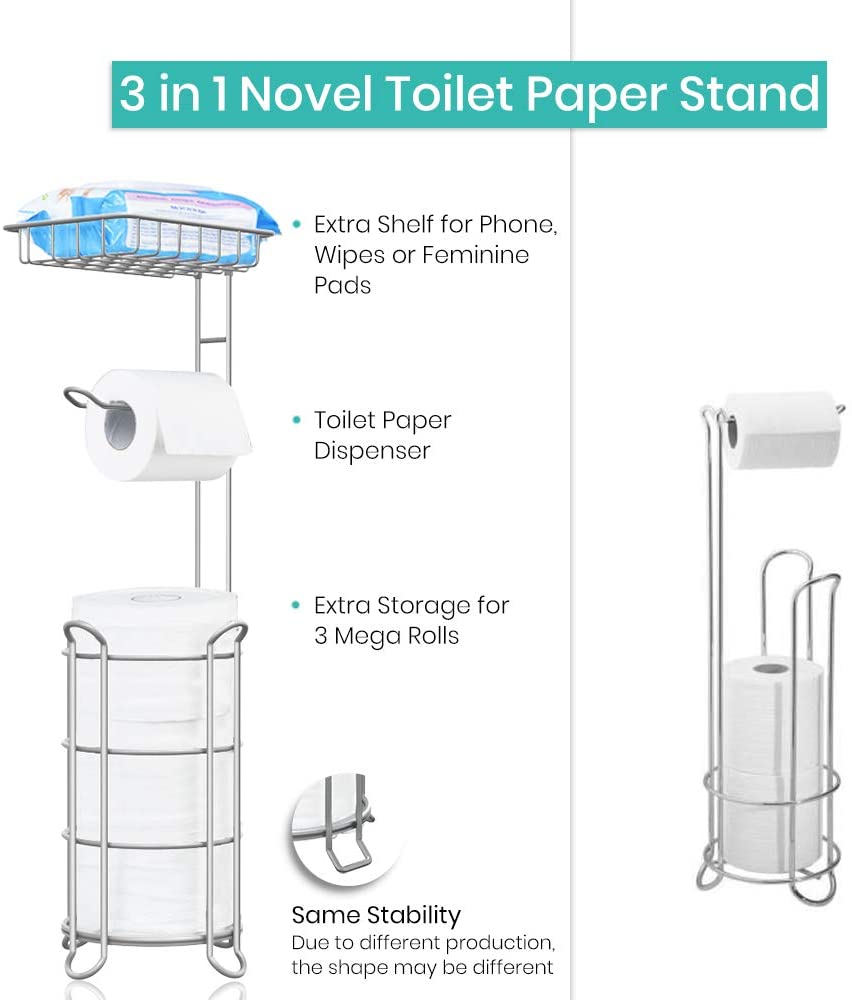 Toilet Paper Holder Stand Bathroom Tissue Dispenser Holders Rack Free Standing with Extra Shelf Storage Mega Rolls/Phone/Wipe - Light Gray