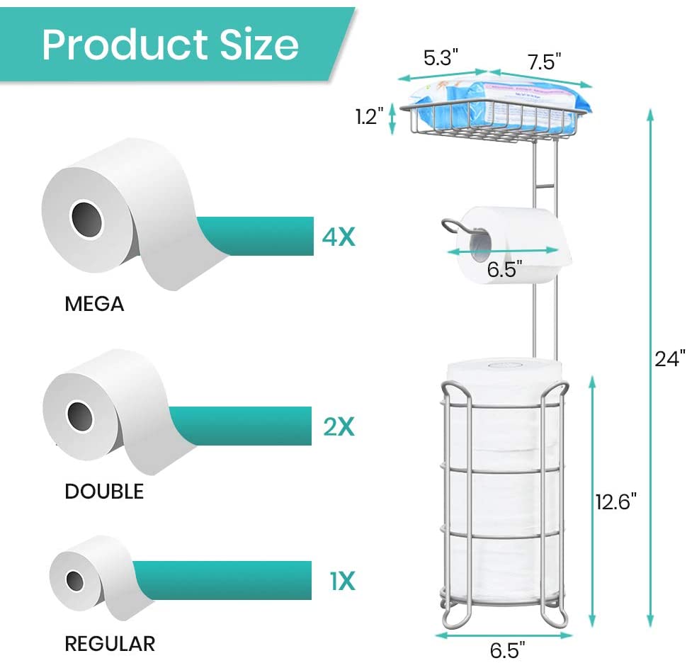 Toilet Paper Holder Stand Bathroom Tissue Dispenser Holders Rack Free Standing with Extra Shelf Storage Mega Rolls/Phone/Wipe - Light Gray