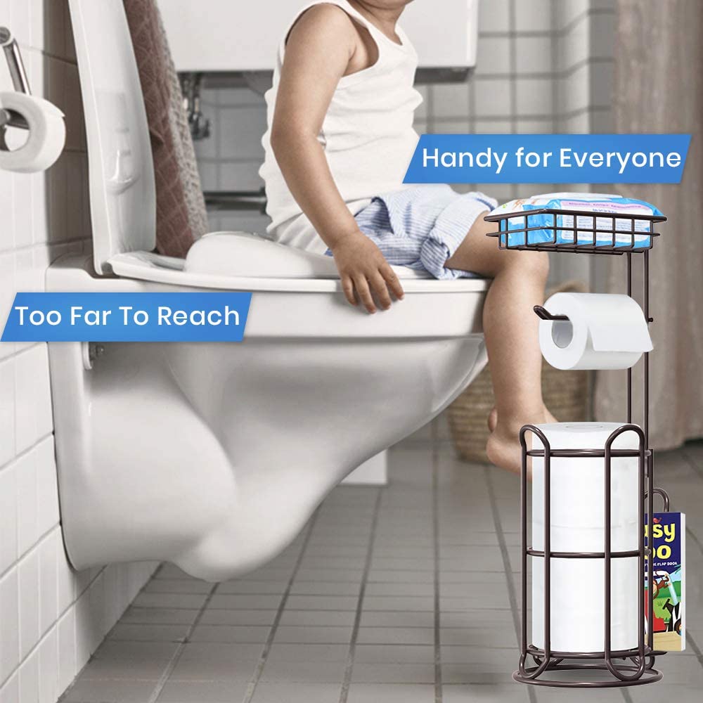 TreeLen [Upgrade] Toilet Paper Holder Stand with Shelf Tissue Holders for Bathroom FreeStanding Bath Tissue Roll Holder for Mega Rolls/Phone/Wipe/Magazine-Bronze