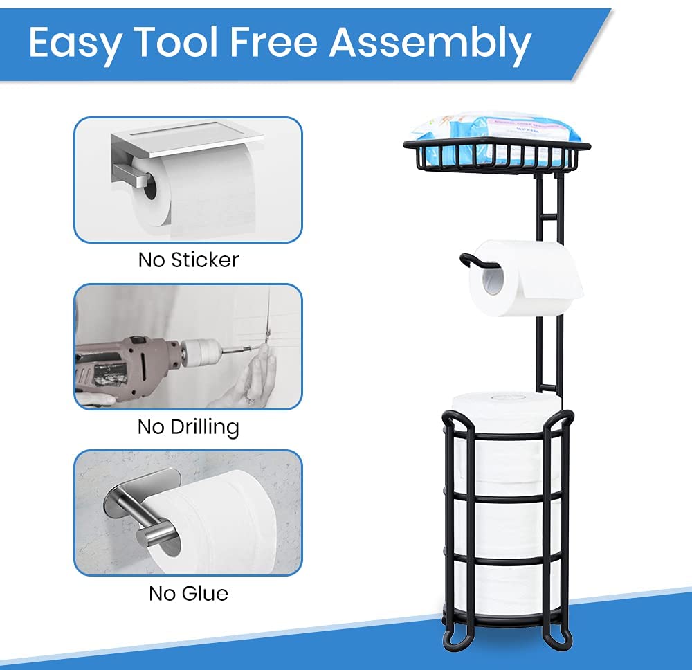 Toilet Paper Holder Stand Tissue Paper Roll Dispenser with Shelf for Bathroom Storage Holds Reserve Mega Rolls-Matte Black