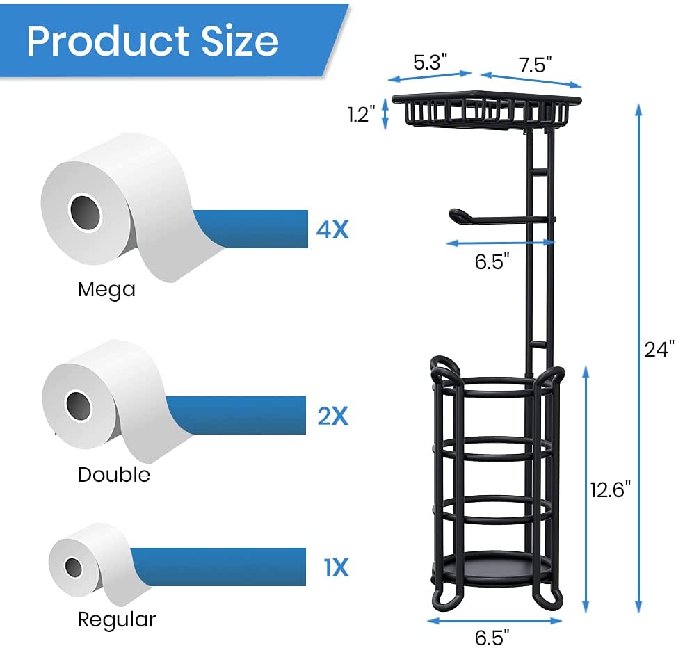Toilet Paper Holder Stand Tissue Paper Roll Dispenser with Shelf for Bathroom Storage Holds Reserve Mega Rolls-Matte Black