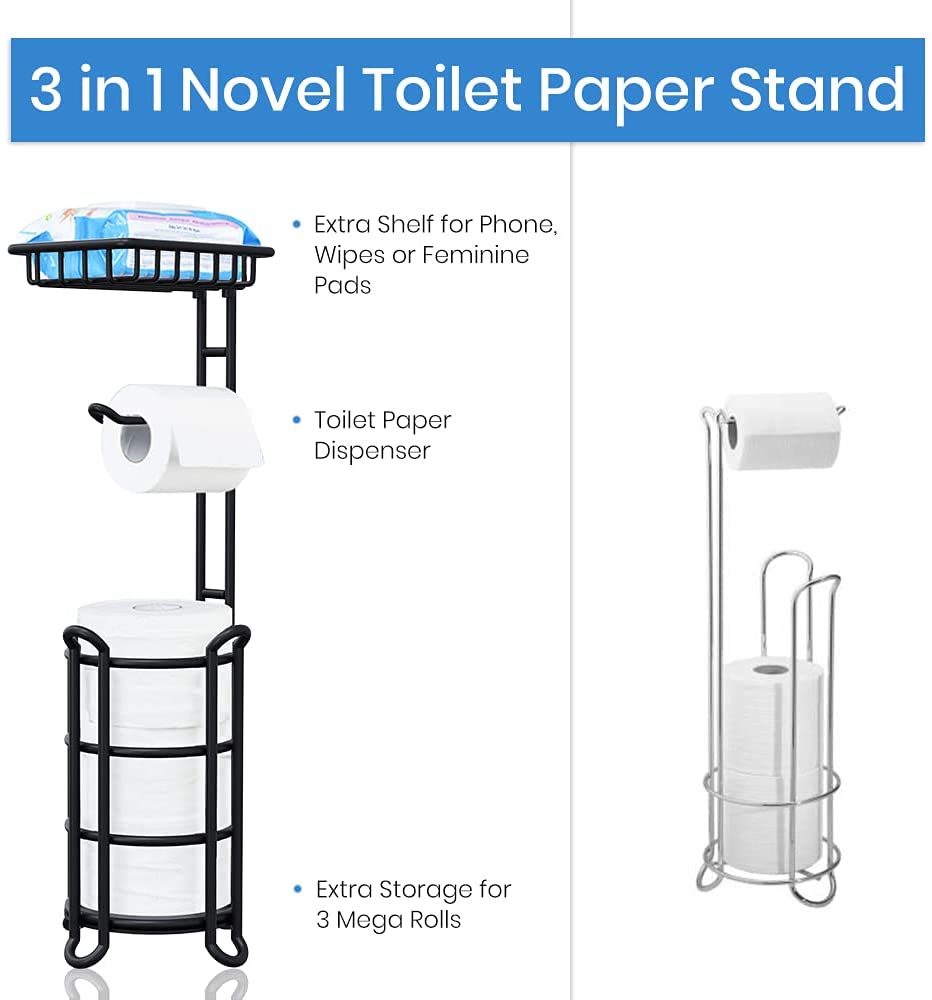 Toilet Paper Holder Stand Tissue Paper Roll Dispenser with Shelf for Bathroom Storage Holds Reserve Mega Rolls-Matte Black