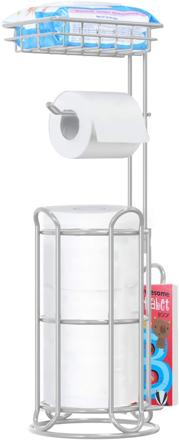 TreeLen Toilet Paper Holder Stand Tissue Holder for Bathroom Freestanding with Shelf Storage Mega Rolls//Phone/Wipe/Tablet/Books-Silver Gray