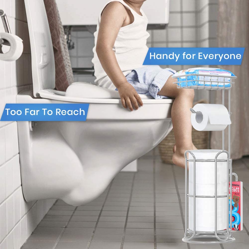 TreeLen Toilet Paper Holder Stand Tissue Holder for Bathroom Freestanding with Shelf Storage Mega Rolls//Phone/Wipe/Tablet/Books-Silver Gray