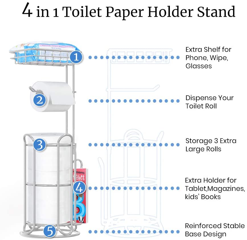 TreeLen Toilet Paper Holder Stand Tissue Holder for Bathroom Freestanding with Shelf Storage Mega Rolls//Phone/Wipe/Tablet/Books-Silver Gray