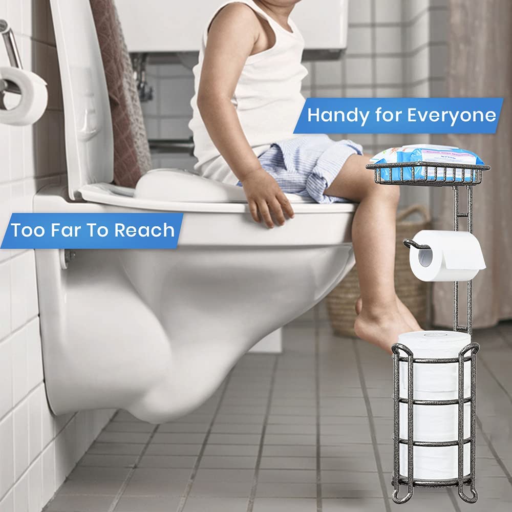 TreeLen Toilet Paper Holder Stand with Shelf Bath Tissue Stand Bathroom Tissue Roll Holder Dispenser Perfect for 4 Mega Rolls, Phone, Wipe, Small Bathroom, RV-Hammered Gray