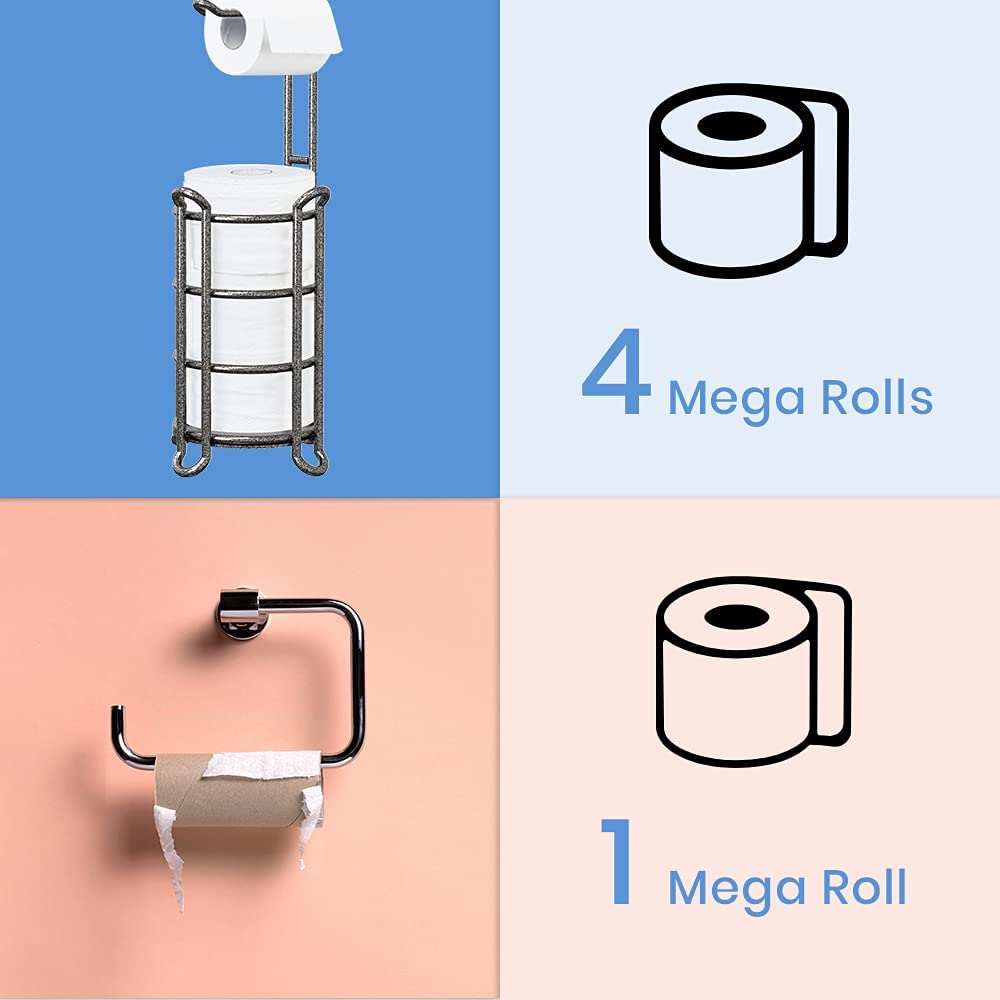 TreeLen Toilet Paper Holder Stand with Shelf Bath Tissue Stand Bathroom Tissue Roll Holder Dispenser Perfect for 4 Mega Rolls, Phone, Wipe, Small Bathroom, RV-Hammered Gray