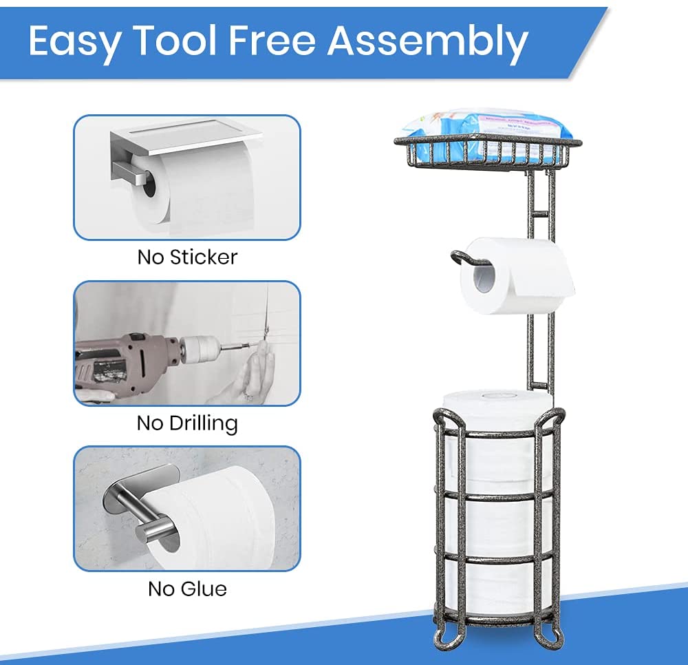 TreeLen Toilet Paper Holder Stand with Shelf Bath Tissue Stand Bathroom Tissue Roll Holder Dispenser Perfect for 4 Mega Rolls, Phone, Wipe, Small Bathroom, RV-Hammered Gray