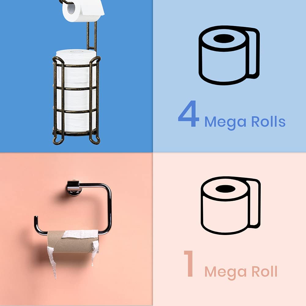 TreeLen Toilet Paper Holder Stand Tissue Paper Roll Dispenser with Shelf for Bathroom Storage Holds Reserve Mega Rolls-Vintage Brass