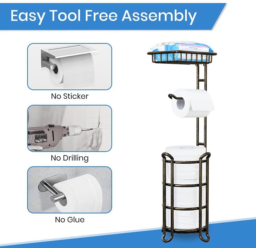 TreeLen Toilet Paper Holder Stand Tissue Paper Roll Dispenser with Shelf for Bathroom Storage Holds Reserve Mega Rolls-Vintage Brass