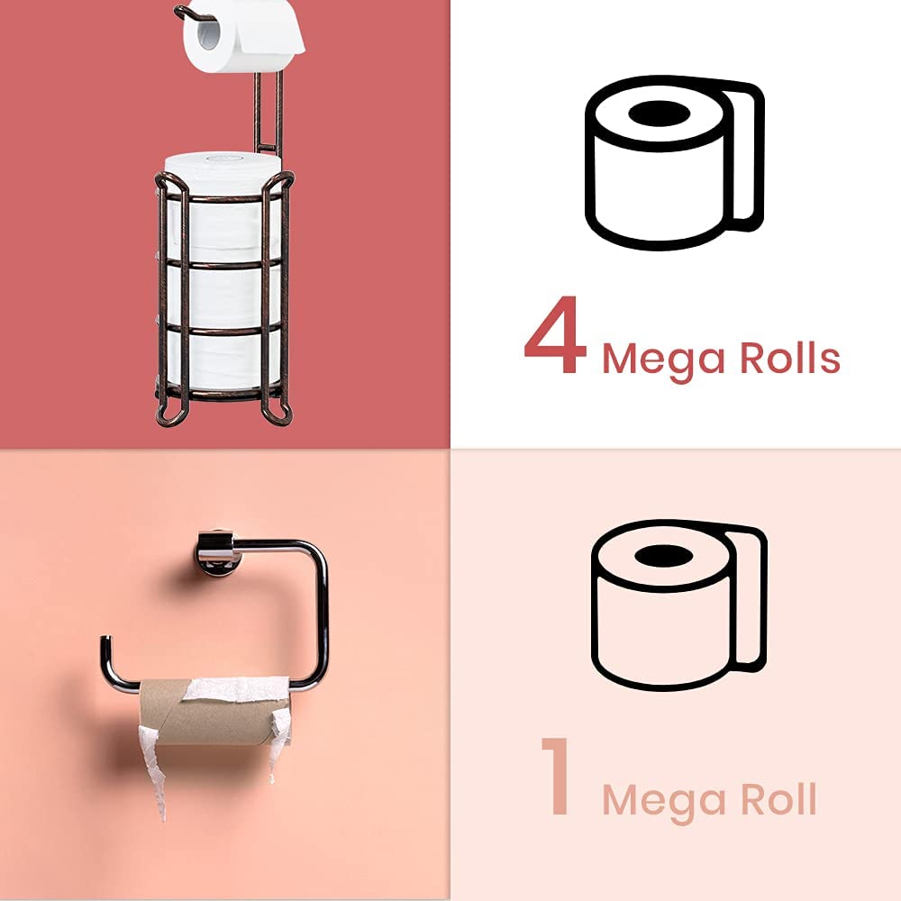 TreeLen Toilet Paper Holder Stand Tissue Holder for Bathroom Floor Standing Toilet Roll Dispenser Storages 4 Reserve Mega Rolls, Phone, Wipes-Vintage Bronze