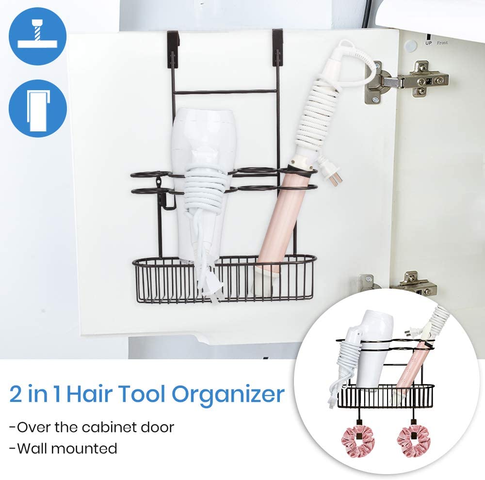 Bathroom Wall Mount Hair Care & Styling Tool Organizer Over The Cabinet Door Storage Basket for Hair Dryer, Flat Iron, Curling Wand, Hair Straightener, Brushes-Bronze