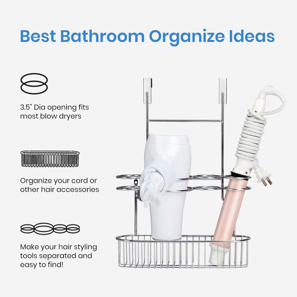 Hair Dryer Holder Organizer Bathroom Styling Tool Appliance Storage Caddy 2 in 1 Wall Mount /Cabinet Door for Hot Curling Iron Straightener Brushes-Chrome