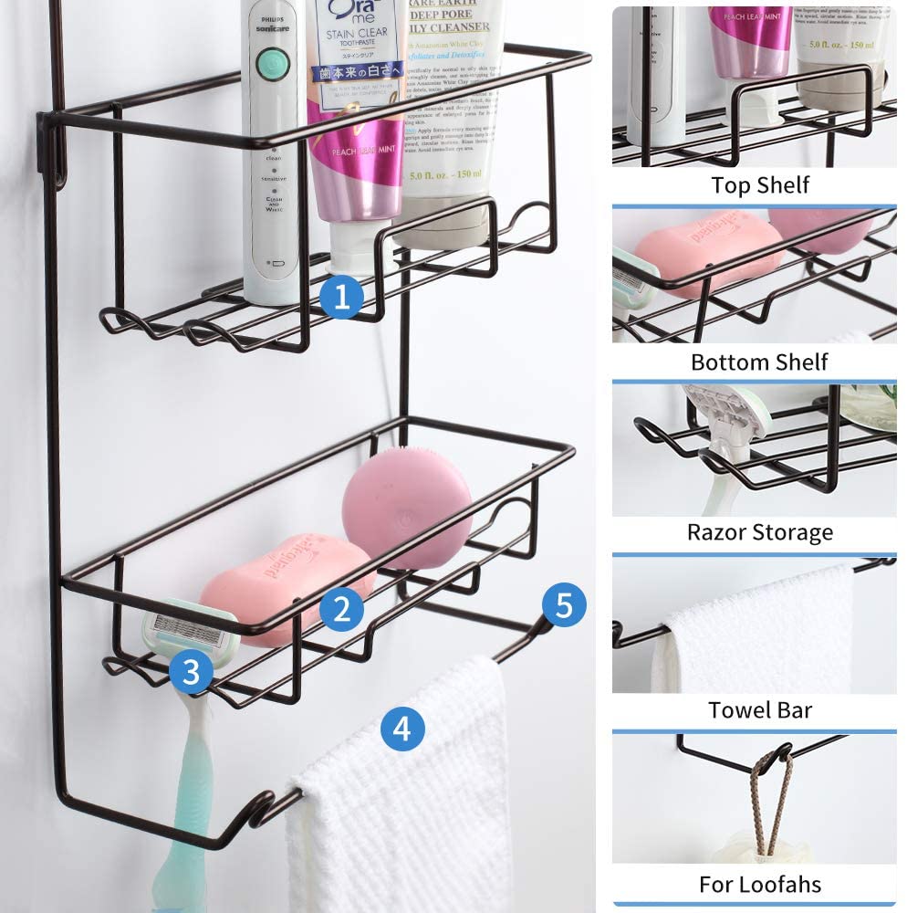 Shower Caddy Hanging over Shower Head Rust Roof Shower Organizer with 10 Hooks for Razor Shampoo Holder Bathroom Shower Rack Storage Shelf with Towel Bar – Bronze