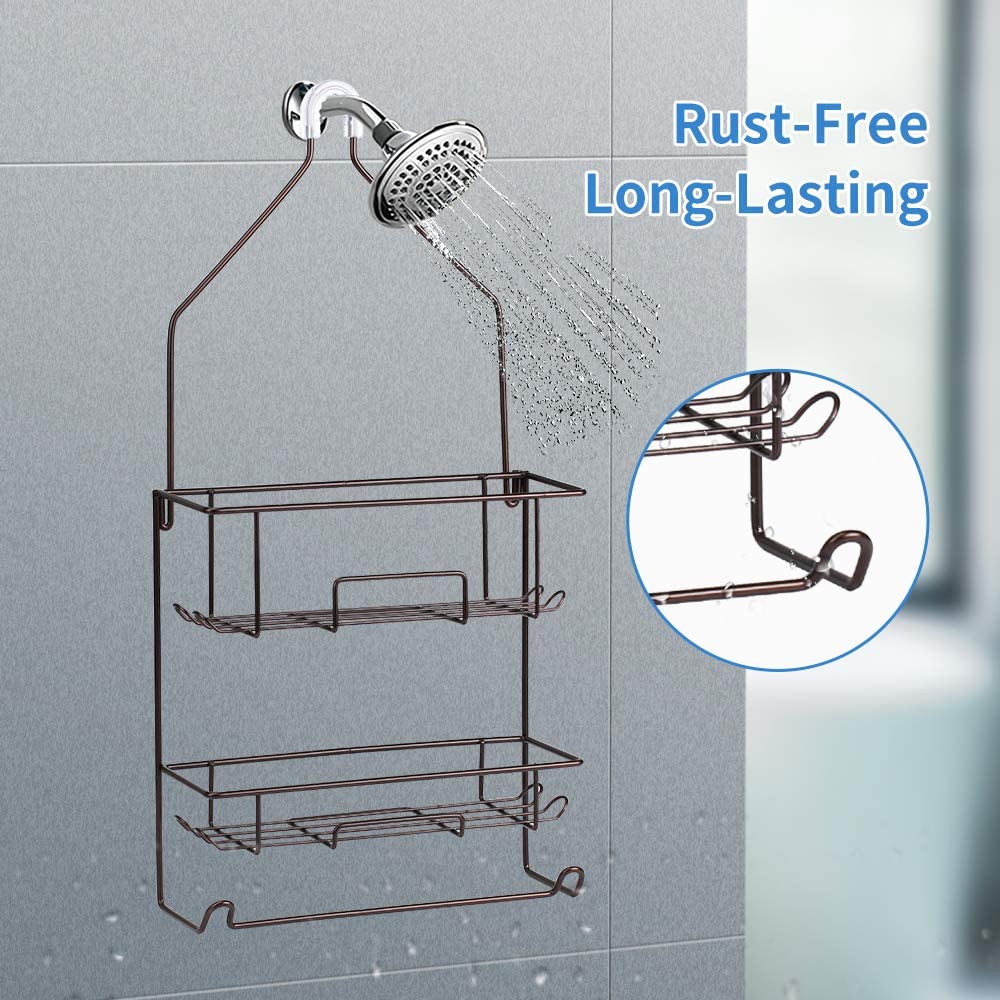Shower Caddy Hanging over Shower Head Rust Roof Shower Organizer with 10 Hooks for Razor Shampoo Holder Bathroom Shower Rack Storage Shelf with Towel Bar – Bronze