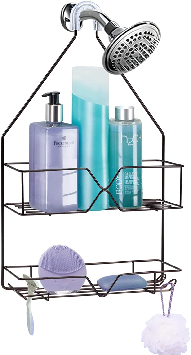 Shower Caddy Hanging over Shower Head Small Rust Roof Shower Organizer with 4 Hooks for Razor Shampoo Holder Bathroom Shower Rack Storage Shelf – Bronze