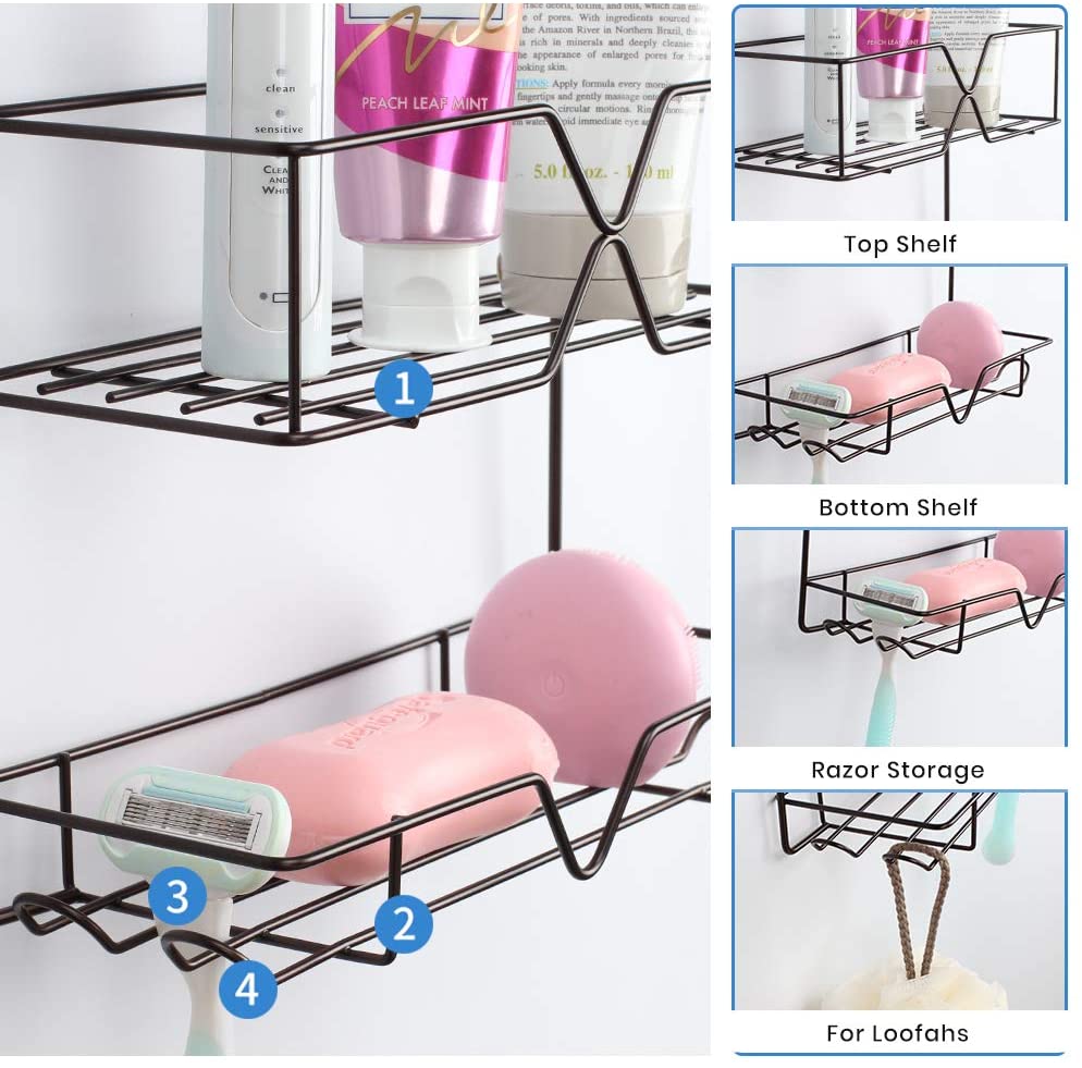 Shower Caddy Hanging over Shower Head Small Rust Roof Shower Organizer with 4 Hooks for Razor Shampoo Holder Bathroom Shower Rack Storage Shelf – Bronze