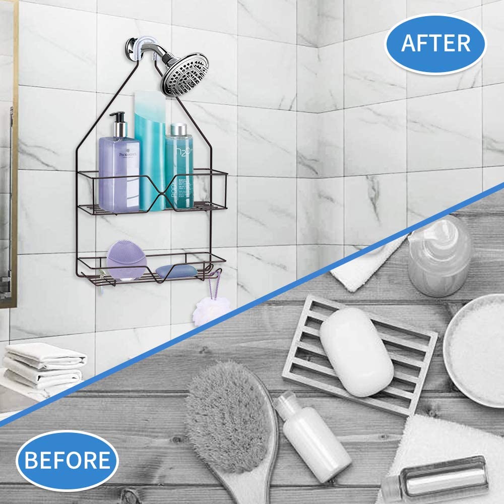 Shower Caddy Hanging over Shower Head Small Rust Roof Shower Organizer with 4 Hooks for Razor Shampoo Holder Bathroom Shower Rack Storage Shelf – Bronze