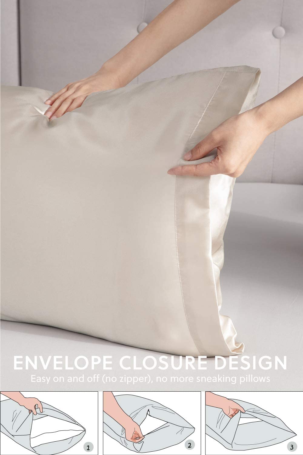 Satin Pillowcase for Hair and Skin, 2-Pack Pillow Cases - Satin Pillow Covers with Envelope Closure, Beige