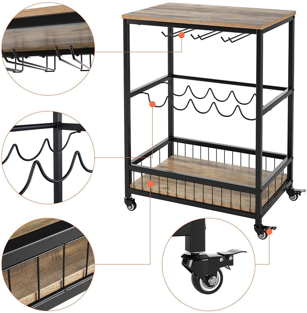 Wine Bar Cart, Simple Modern Beverage Cart with Wine Rack/Glass Holder, Rolling Serving Cart with Lockable Wheels for Home Kitchen, Wood and Metal Frame, Rustic Brown