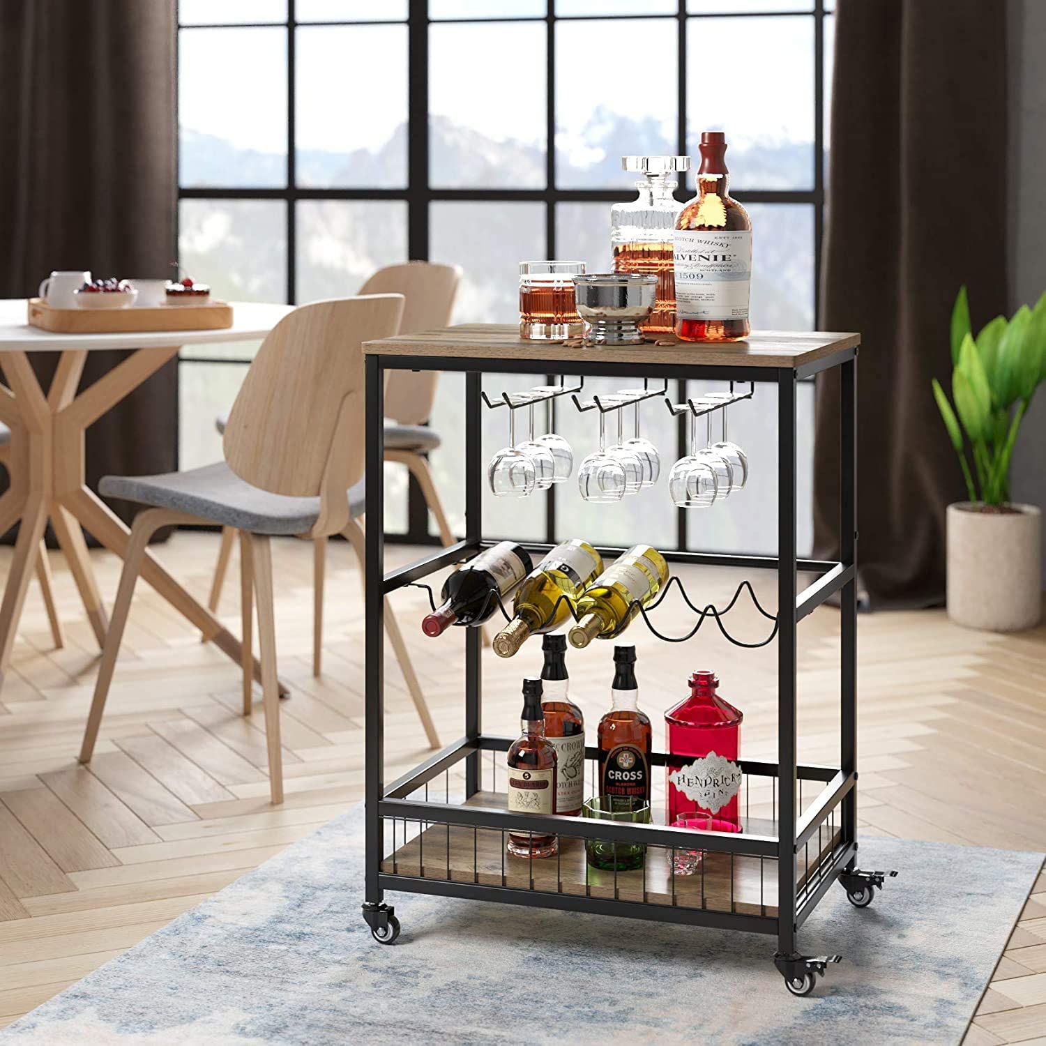 Wine Bar Cart, Simple Modern Beverage Cart with Wine Rack/Glass Holder, Rolling Serving Cart with Lockable Wheels for Home Kitchen, Wood and Metal Frame, Rustic Brown