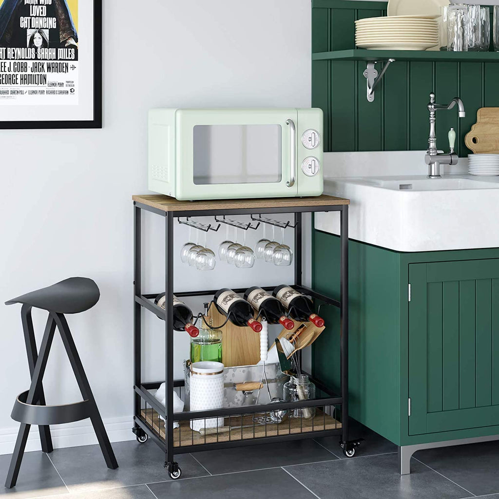 Wine Bar Cart, Simple Modern Beverage Cart with Wine Rack/Glass Holder, Rolling Serving Cart with Lockable Wheels for Home Kitchen, Wood and Metal Frame, Rustic Brown