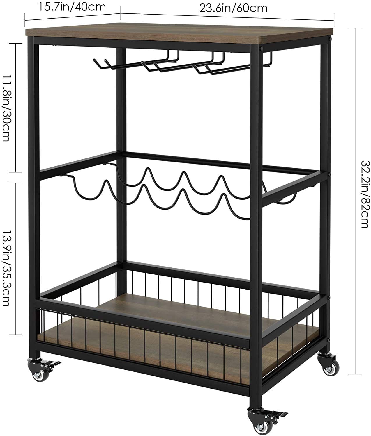 Bar Carts for Home, Mobile Wine Cart on Wheels, Wine Rack Table with Glass Holder, Utility Kitchen Serving Cart with Storage, Wood and Metal Frame,Dark Brown