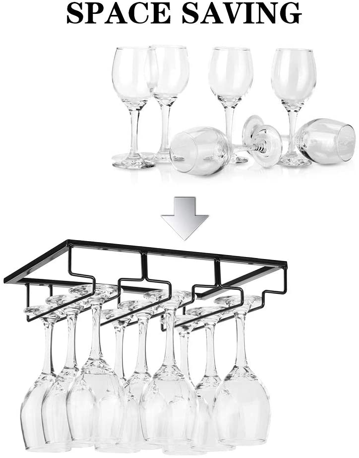 Wine Glass Rack - Under Cabinet Stemware Wine Glass Holder Glasses Storage Hanger Metal Organizer for Bar Kitchen Black