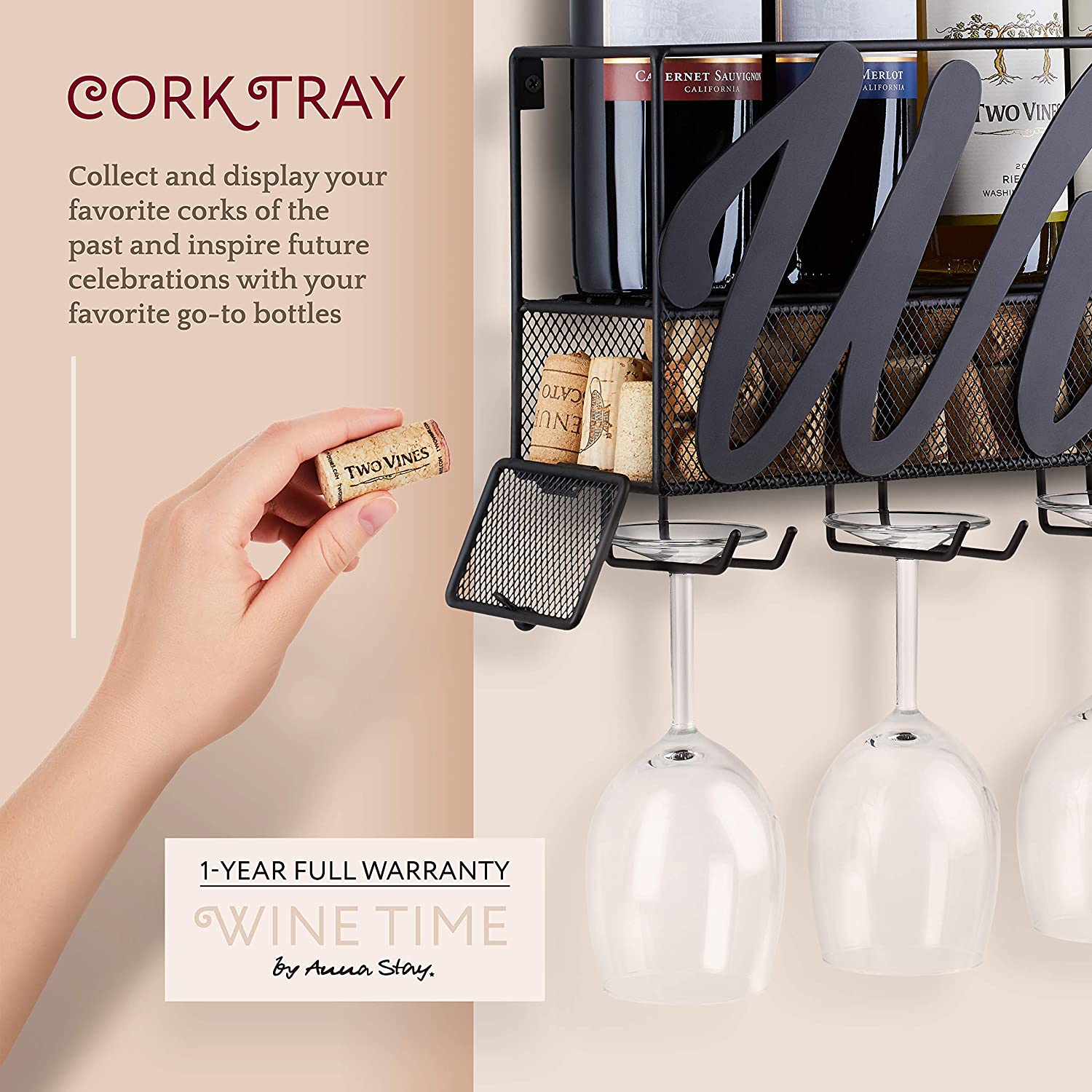 Wall Mounted Wine Rack - Bottle & Glass Holder - Cork Storage - Store Red, White, Champagne - Comes with 6 Cork Wine Charms - Home & Kitchen Décor - Designed by Anna Stay