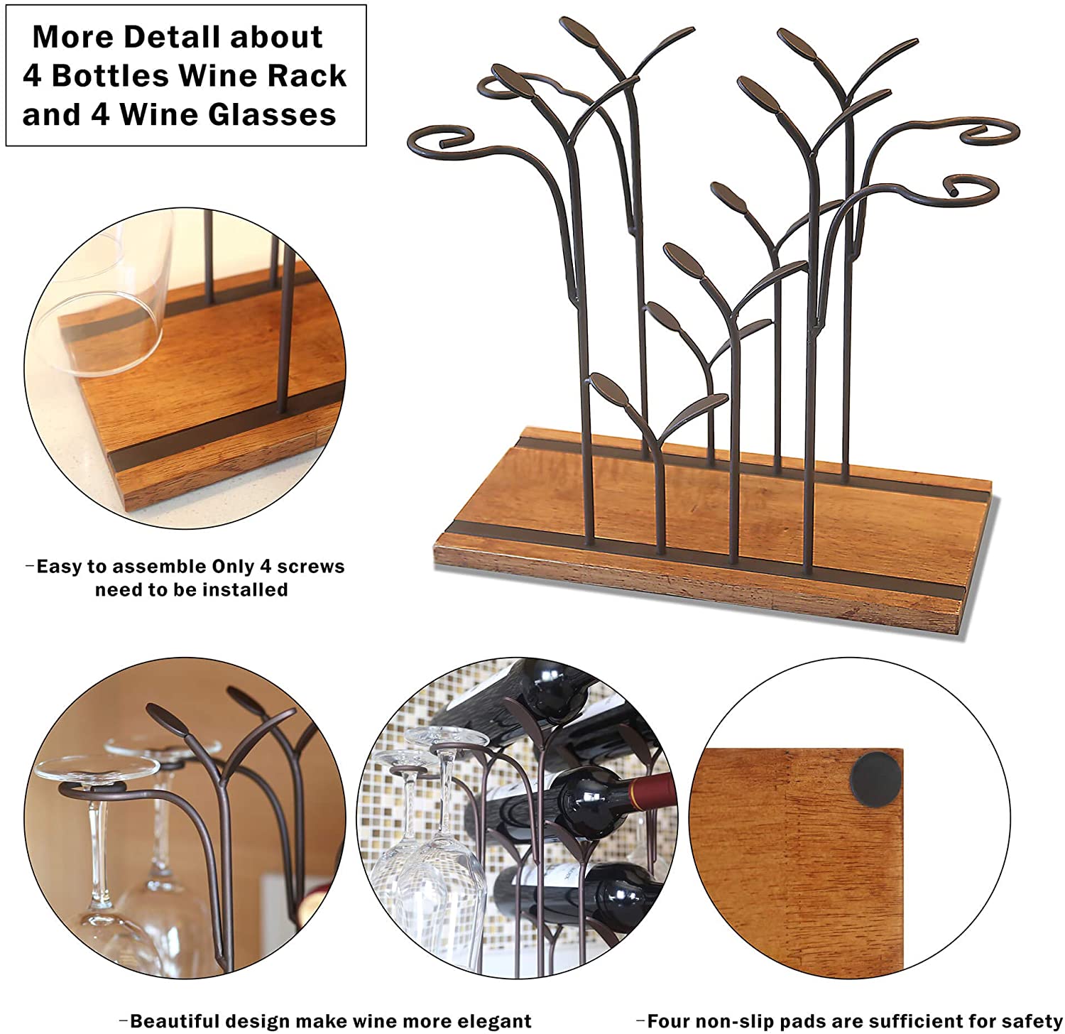 Tabletop Wood Wine Holder, Countertop Wine Rack, Hold 4 Wine Bottles and 4 Glasses, Perfect for Home Decor & Kitchen Storage Rack, Bar, Wine Cellar, Cabinet, Pantry, etc, Wood & Metal (Bronze)