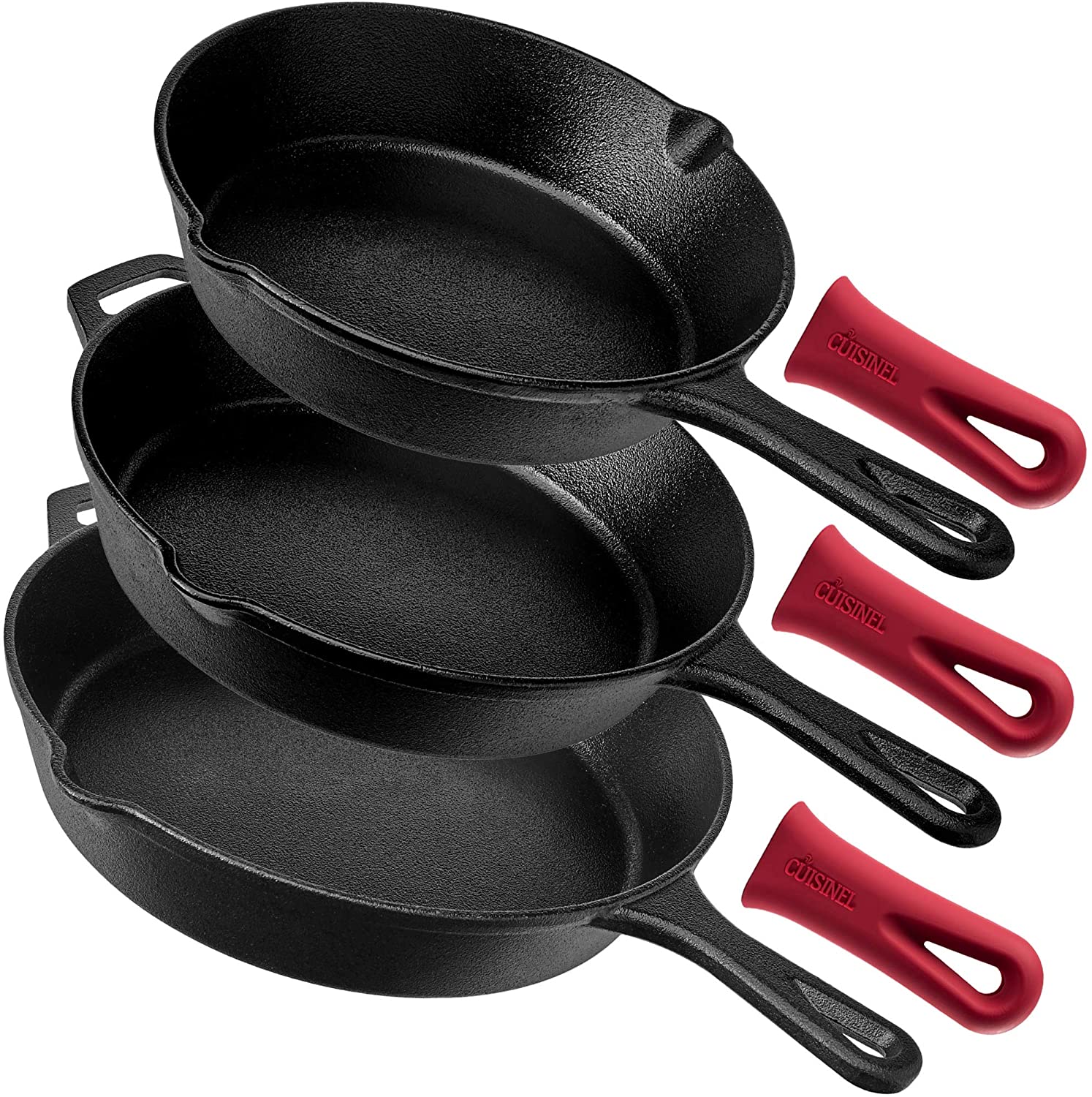 Cast Iron Skillet Set - 3-Piece: 8" + 10" + 12"-Inch Chef Frying Pans - Pre-Seasoned Oven Safe Cookware + 3 Heat-Resistant Handle Covers - Indoor