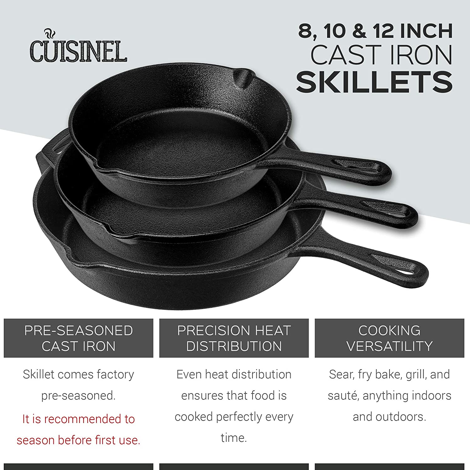 Cast Iron Skillet Set - 3-Piece: 8" + 10" + 12"-Inch Chef Frying Pans - Pre-Seasoned Oven Safe Cookware + 3 Heat-Resistant Handle Covers - Indoor