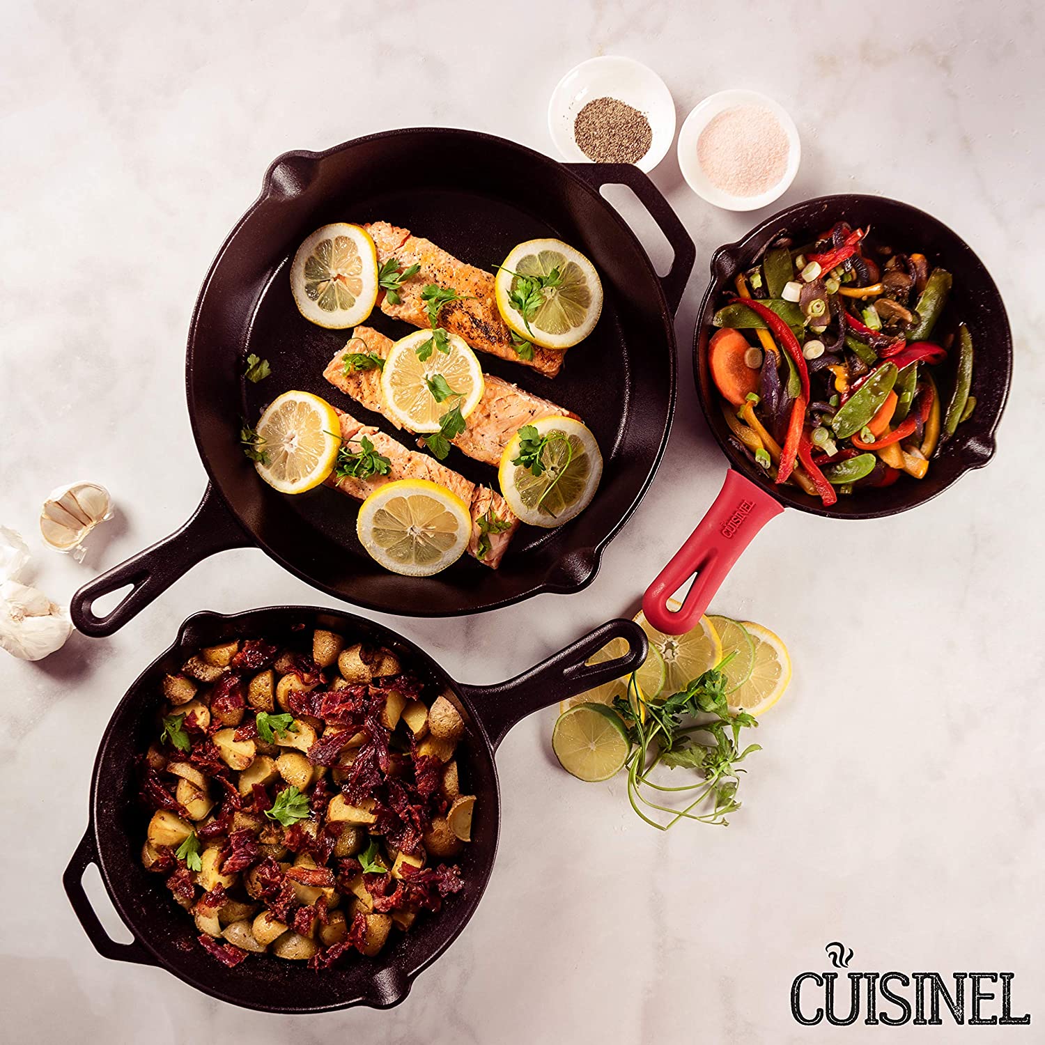 Cast Iron Skillet Set - 3-Piece: 8" + 10" + 12"-Inch Chef Frying Pans - Pre-Seasoned Oven Safe Cookware + 3 Heat-Resistant Handle Covers - Indoor