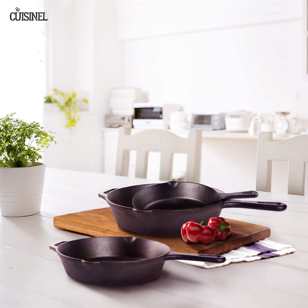 Cast Iron Skillet Set - 3-Piece: 8" + 10" + 12"-Inch Chef Frying Pans - Pre-Seasoned Oven Safe Cookware + 3 Heat-Resistant Handle Covers - Indoor