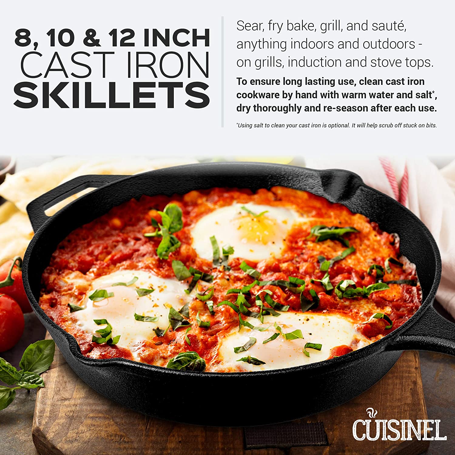 Cast Iron Skillet Set - 3-Piece: 8" + 10" + 12"-Inch Chef Frying Pans - Pre-Seasoned Oven Safe Cookware + 3 Heat-Resistant Handle Covers - Indoor