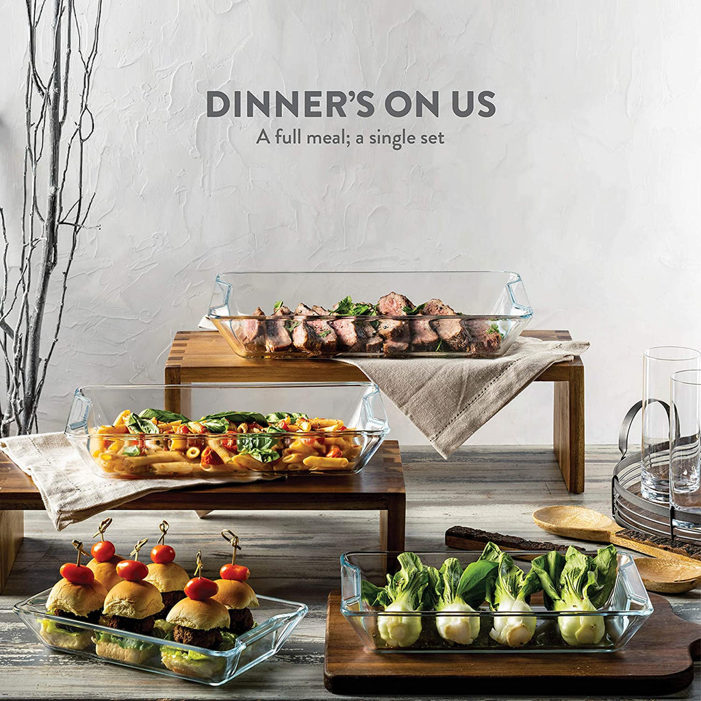 Superior Glass Casserole Dish Set - 4-Piece Rectangular Bakeware Set, Modern Unique Design Glass Baking-Dish Set - Grip Handles for Easy Carry from Hot Oven To Table, Nesting for Space-Saving Storage