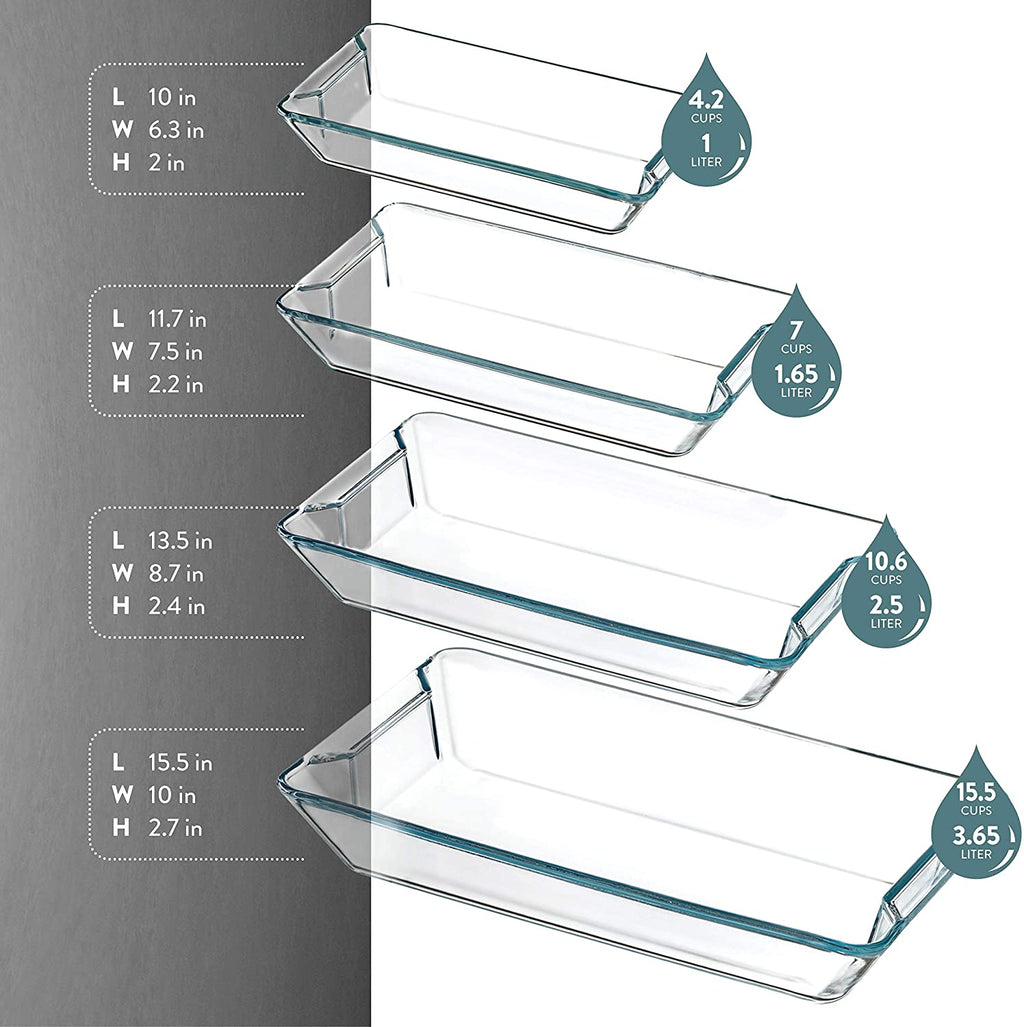 Superior Glass Casserole Dish Set - 4-Piece Rectangular Bakeware Set, Modern Unique Design Glass Baking-Dish Set - Grip Handles for Easy Carry from Hot Oven To Table, Nesting for Space-Saving Storage