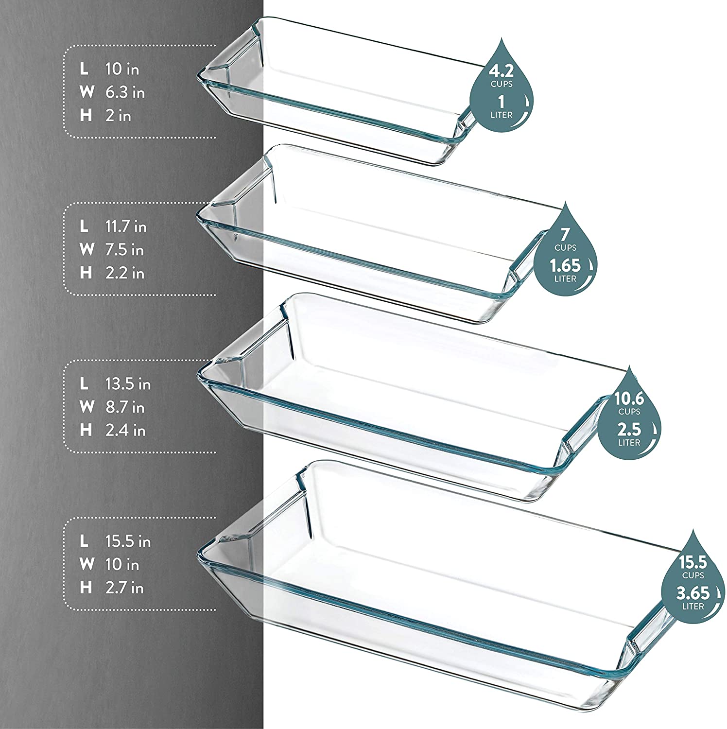 Superior Glass Casserole Dish Set - 4-Piece Rectangular Bakeware Set, Modern Unique Design Glass Baking-Dish Set - Grip Handles for Easy Carry from Hot Oven To Table, Nesting for Space-Saving Storage
