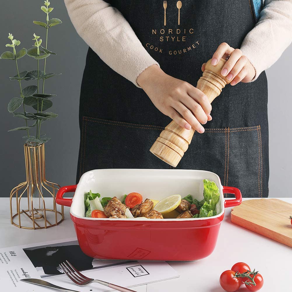Ceramic Casserole Dish with Lid, 2.5Quart Square Lasagna Pan for Cooking, Dinner, Kitchen, 12.4 x 10.1 x 3.3 Inches (Red)