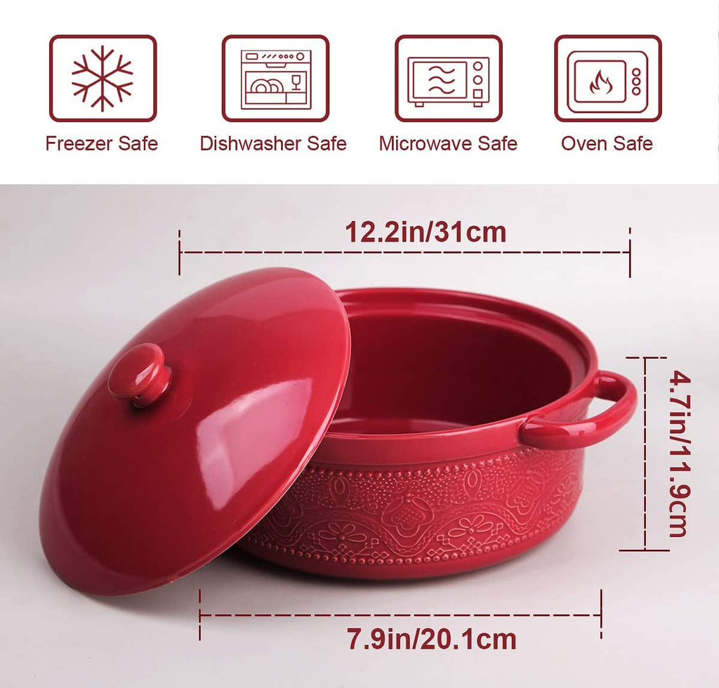 Casserole Dish, 2 Quart Round Ceramic Bakeware with Cover, Lace Emboss Baking Dish for Dinner, Banquet and Party (Red)