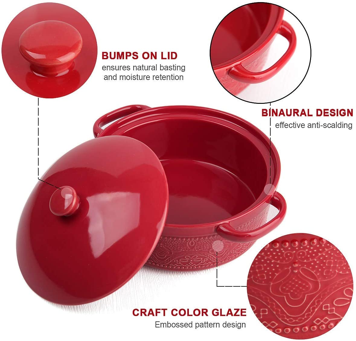 Casserole Dish, 2 Quart Round Ceramic Bakeware with Cover, Lace Emboss Baking Dish for Dinner, Banquet and Party (Red)