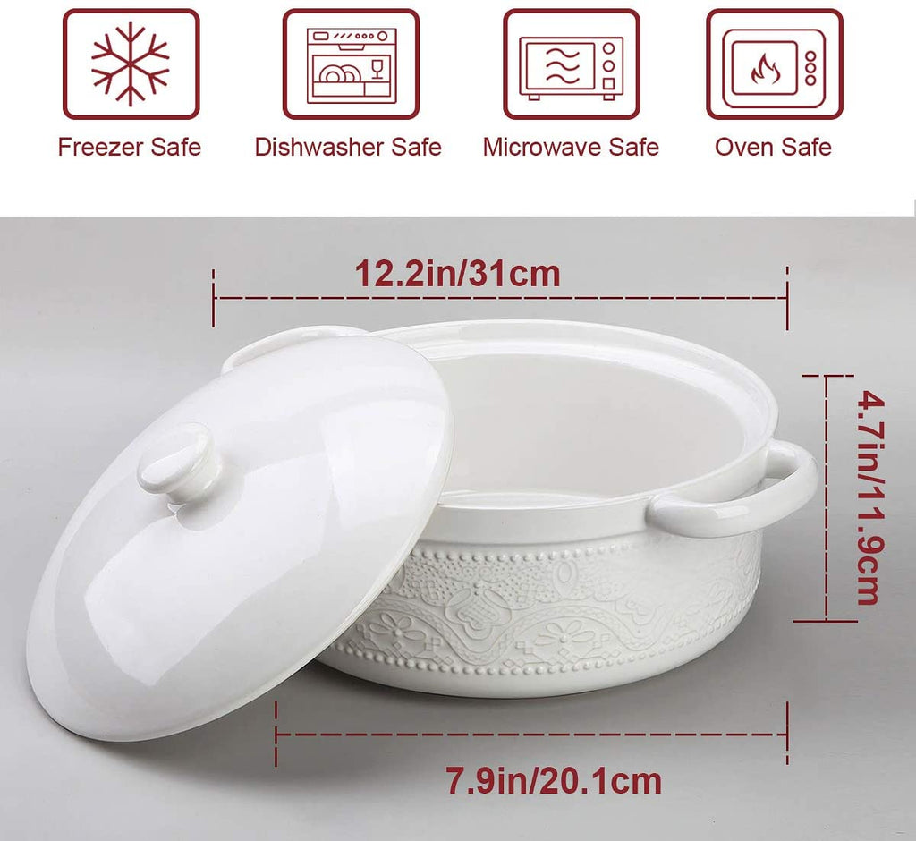 Casserole Dish, 2 Quart Round Ceramic Bakeware with Cover, Lace Emboss Baking Dish for Dinner, Banquet and Party (White)