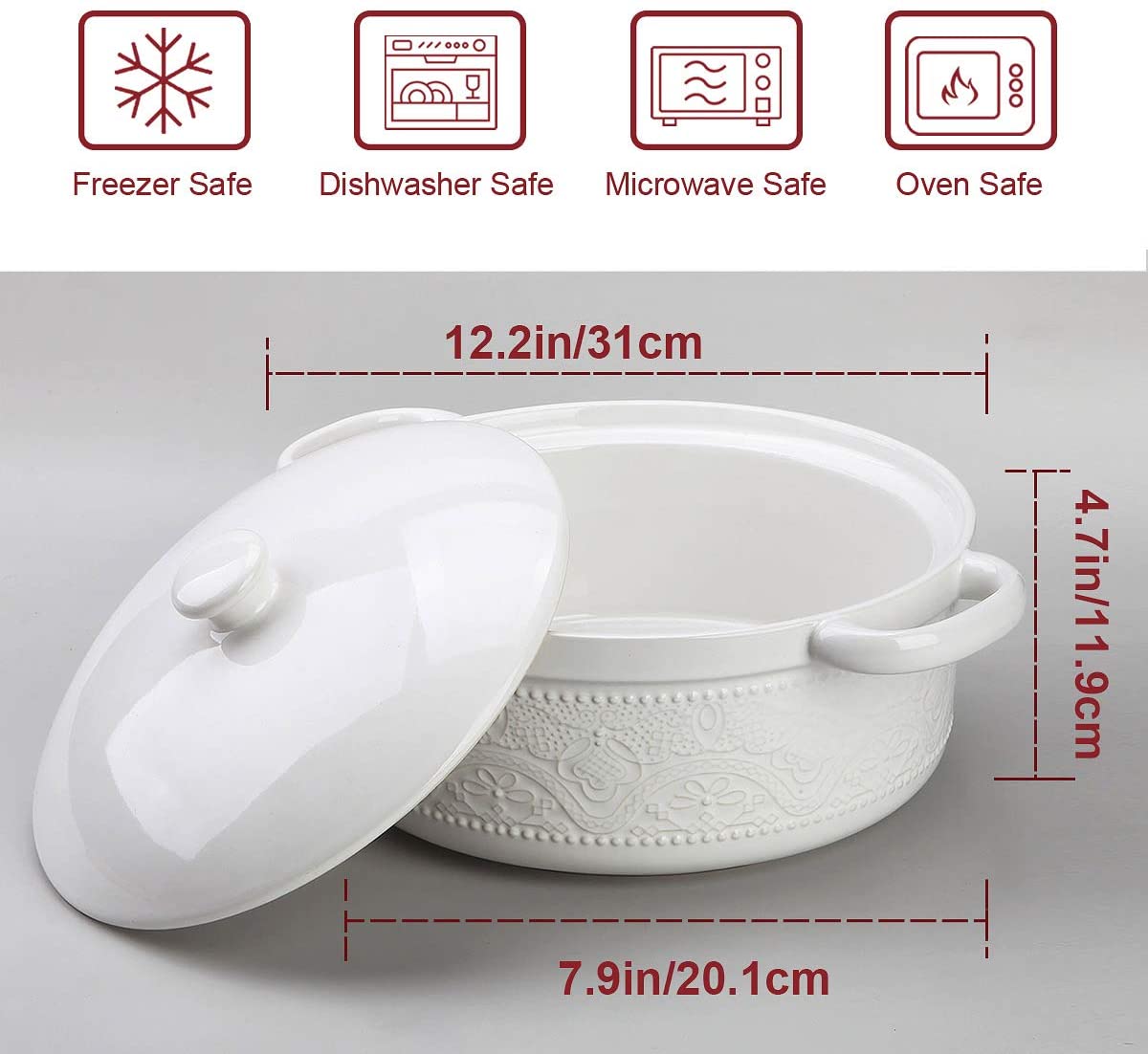 Casserole Dish, 2 Quart Round Ceramic Bakeware with Cover, Lace Emboss Baking Dish for Dinner, Banquet and Party (White)