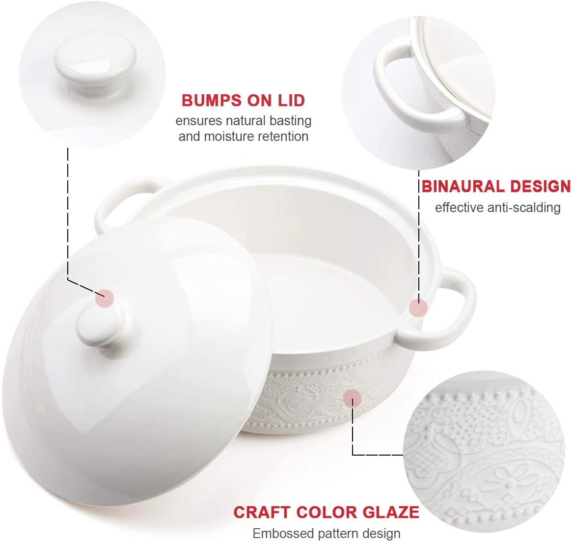 Casserole Dish, 2 Quart Round Ceramic Bakeware with Cover, Lace Emboss Baking Dish for Dinner, Banquet and Party (White)