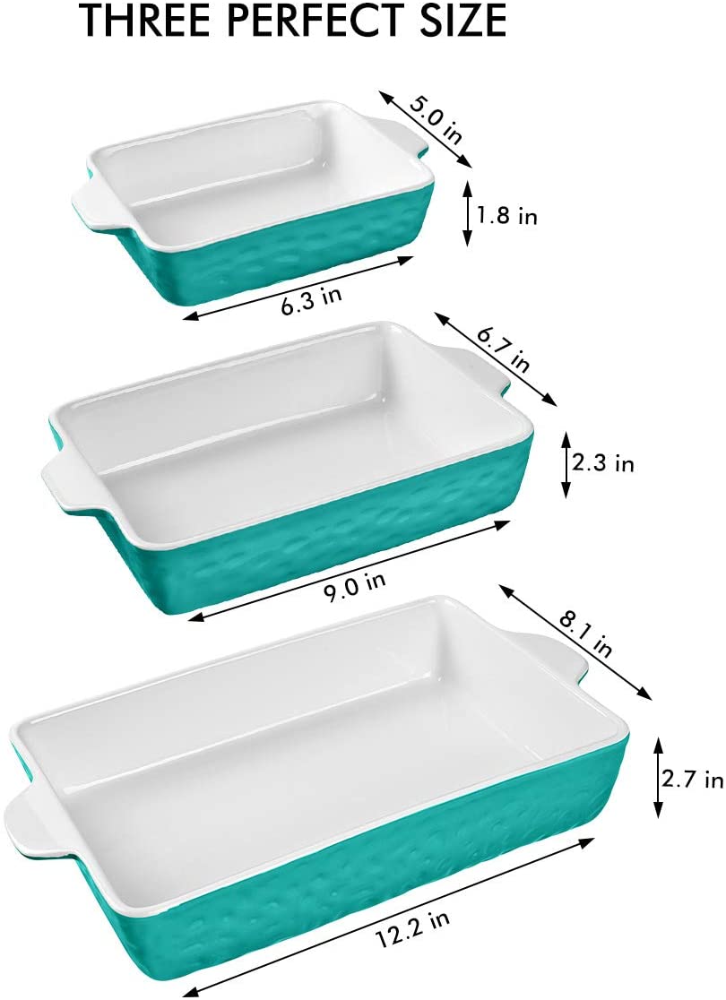 Bakeware Set, Ceramic Baking Dish, Rectangular Baking Pans Set, Casserole Dish for Cooking, Cake Dinner, Kitchen, Wrapping Upgrade, 12 x 8.5 Inches, 3-Piece (Cyan)