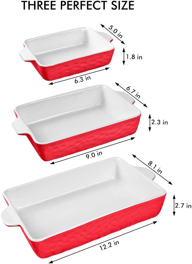 Bakeware Set, Ceramic Baking Dish, Rectangular Baking Pans Set, Casserole Dish for Cooking, Cake Dinner, Kitchen, Wrapping Upgrade, 12 x 8.5 Inches, 3-Piece (Red)