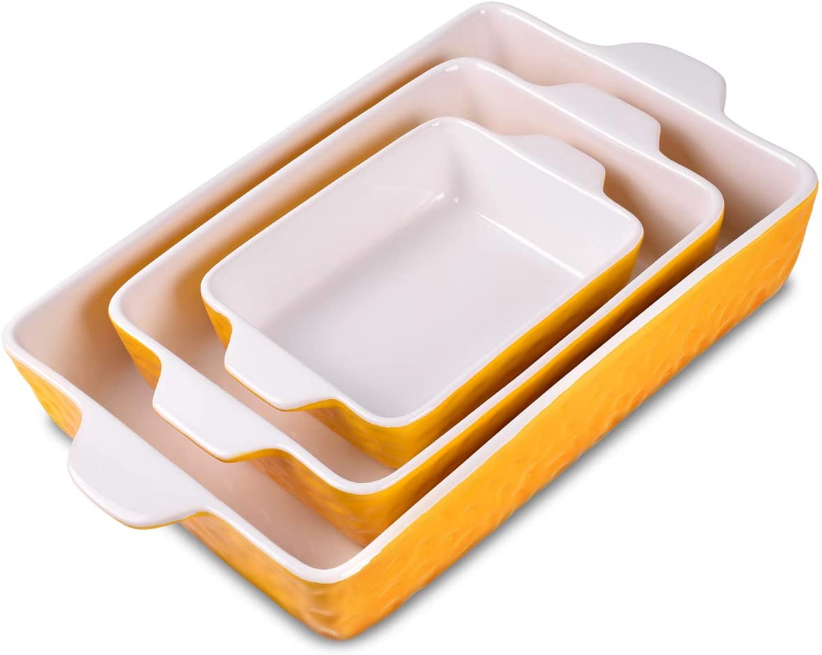 Bakeware Set, Ceramic Baking Dish, Rectangular Baking Pans Set, Casserole Dish for Cooking, Cake Dinner, Kitchen, Wrapping Upgrade, 12 x 8.5 Inches, 3-Piece (Yellow)