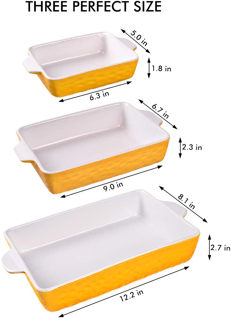 Bakeware Set, Ceramic Baking Dish, Rectangular Baking Pans Set, Casserole Dish for Cooking, Cake Dinner, Kitchen, Wrapping Upgrade, 12 x 8.5 Inches, 3-Piece (Yellow)