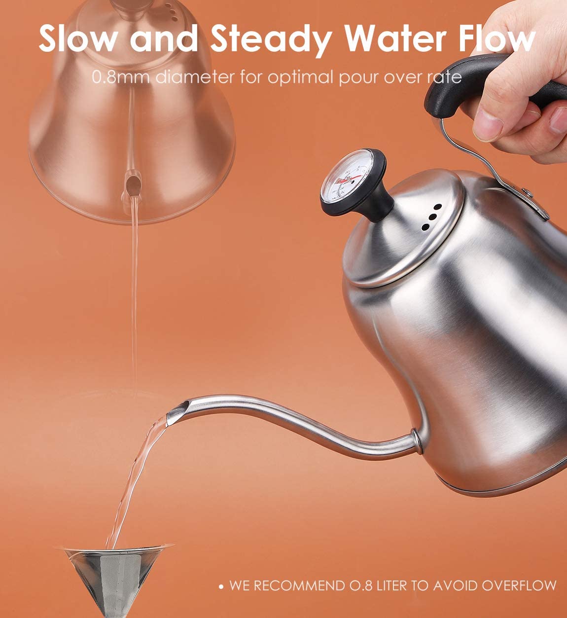 Tea Kettle with Thermometer for Stove Top Gooseneck Kettle, Small Pour Over Coffee Kettle, Goose Neck Tea Pot Stovetop Teapot, Hot Water Heater for Camping, Home & Kitchen, Stainless Steel